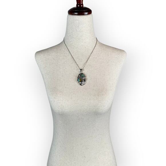 Vintage Sterling Silver Turquoise Jade Navajo Necklace - Picture 3 of 7
